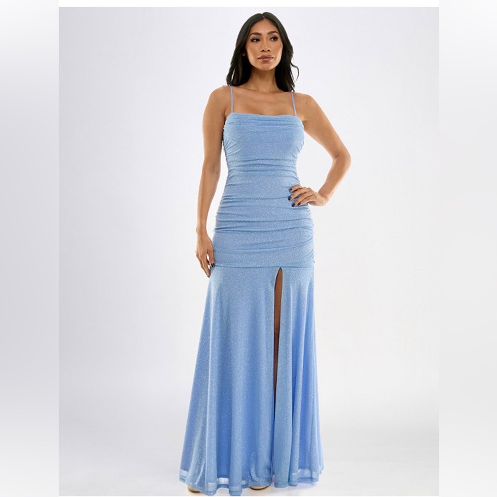 City Studio Light Blue Glitter Spaghetti Strap Prom Dress with Front Slit